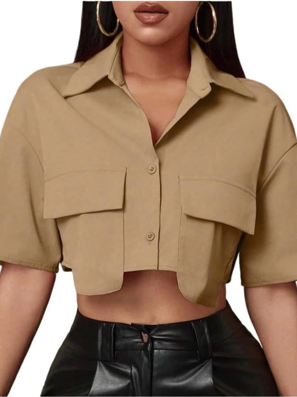Lumiere Cropped Button-Front Utility Top in Tan